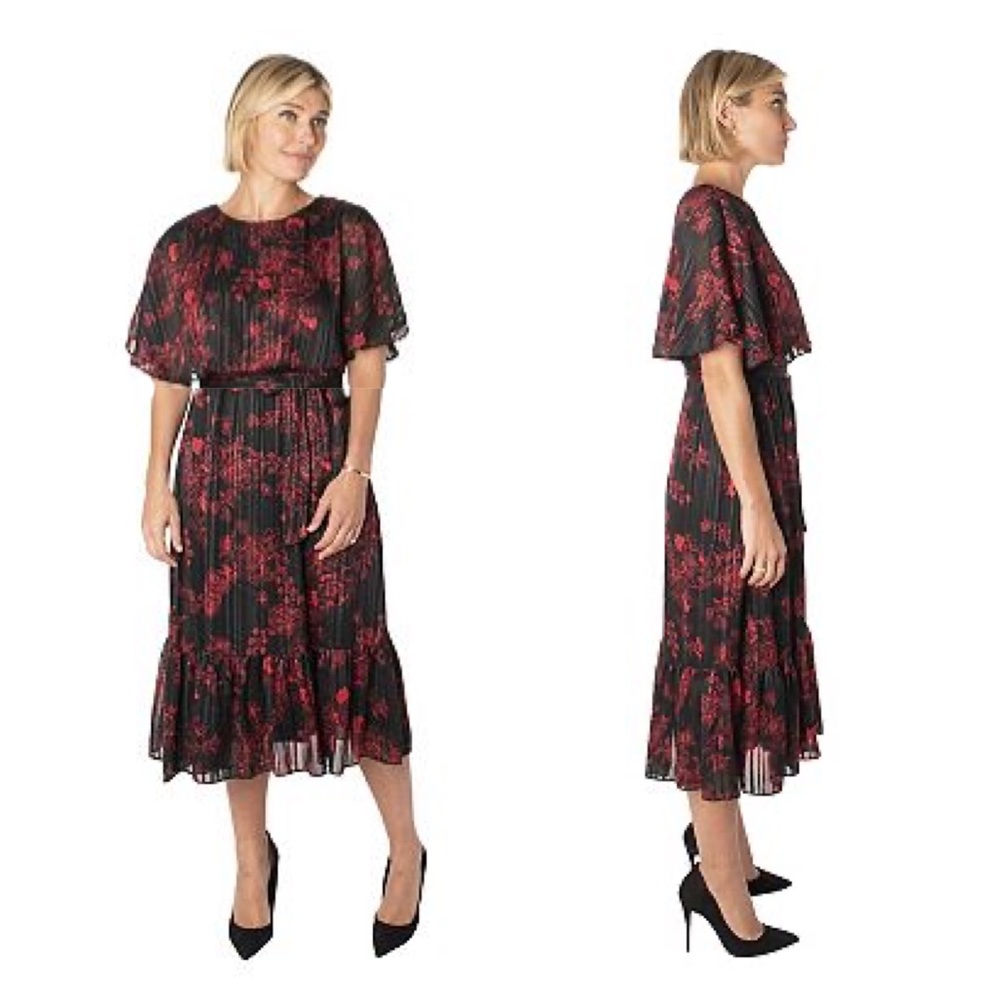 Maison Tara Black and Red Floral Midi Dress